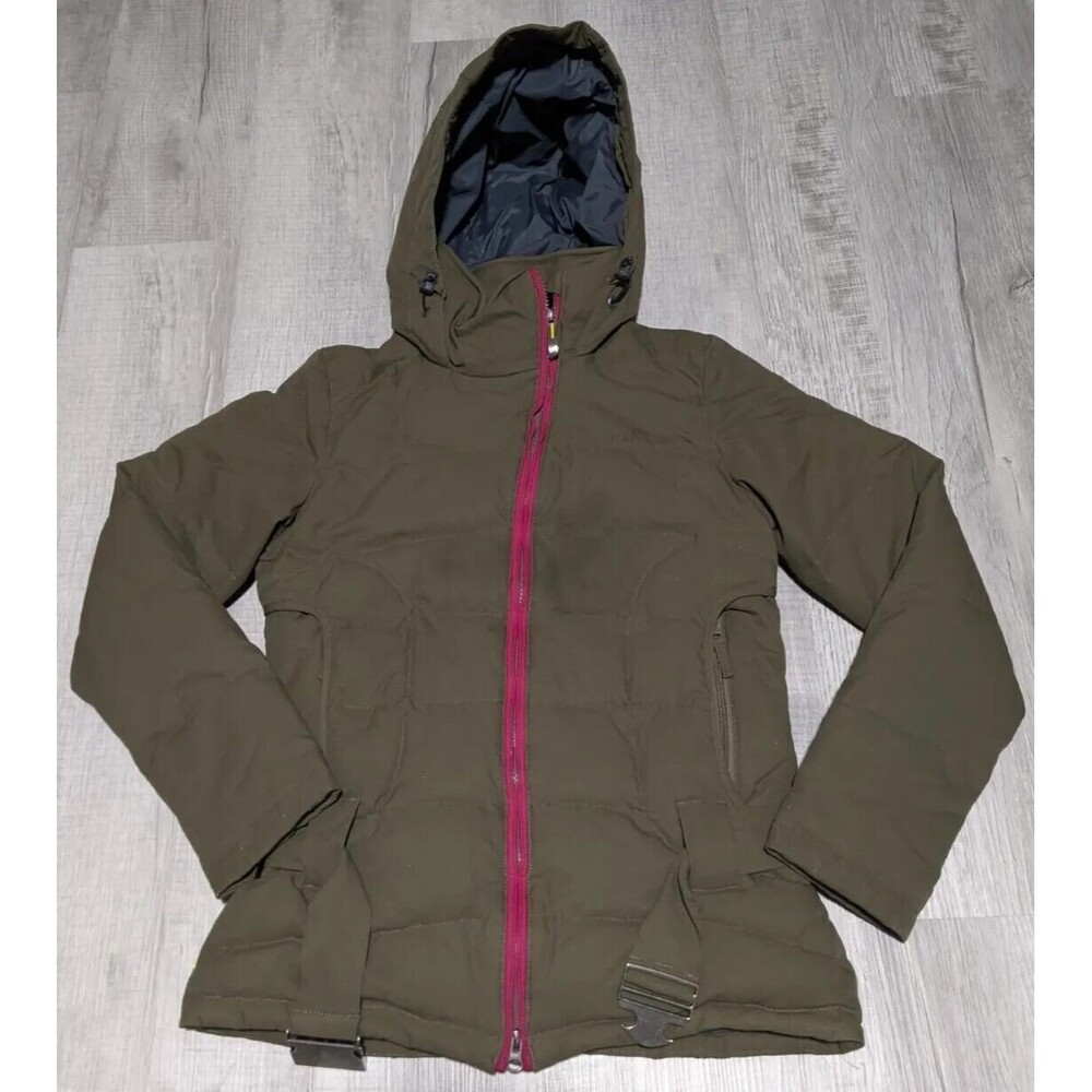 Lole Womens Sz S Duck Down Puffer Winter Jacket Coat Olive Green Pink w/ Belt